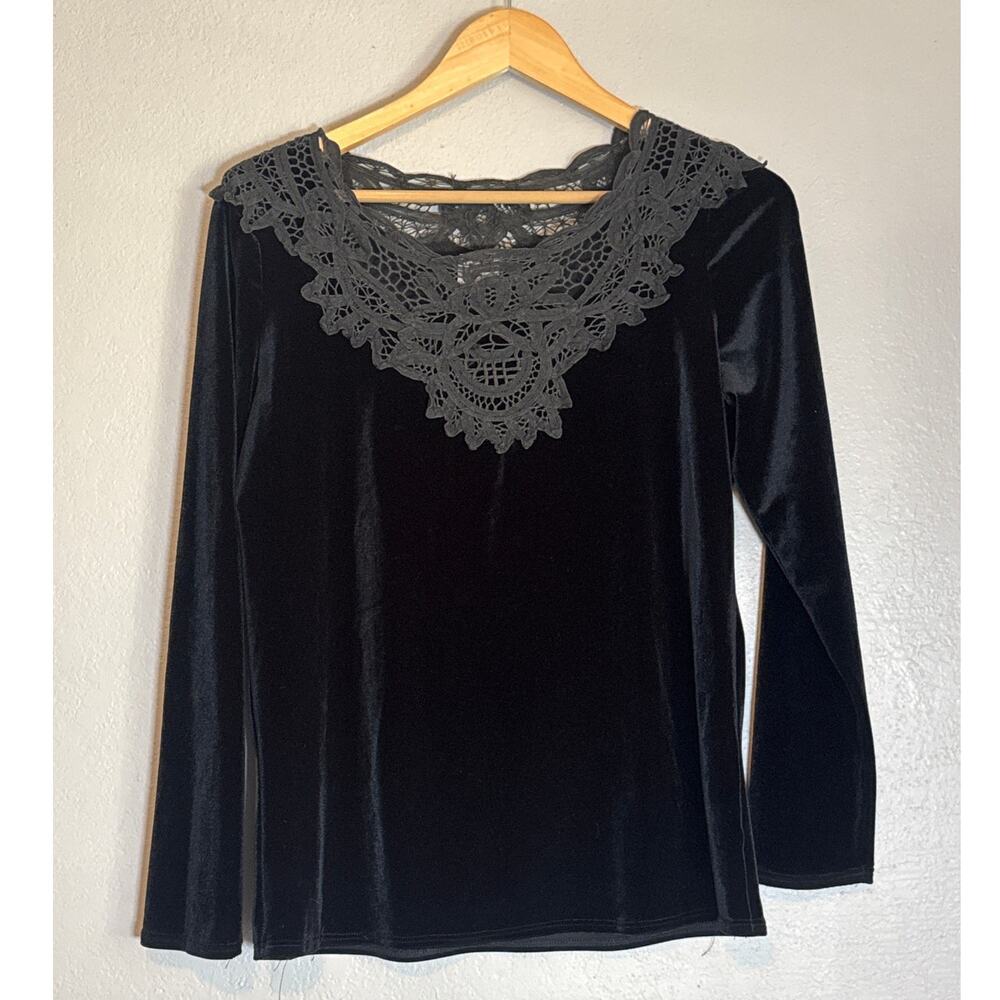 Vintage C Junction Black Velvet Crochet Blouse Womens Med Whimsigoth Witchy Goth